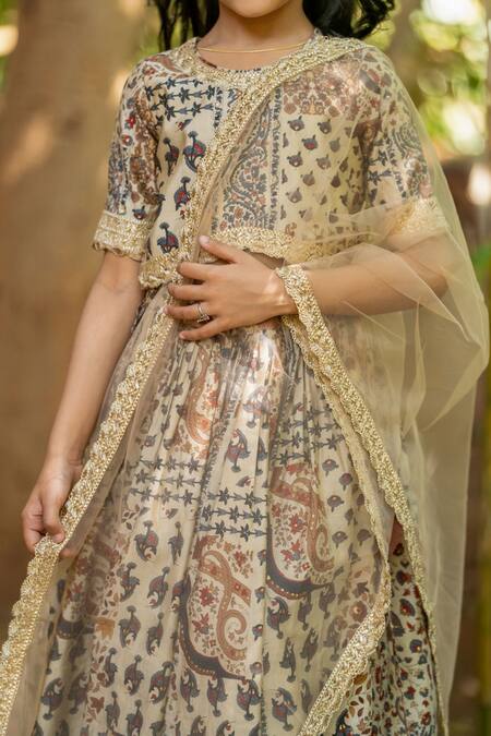 Yuvraani Jaipur_Gray Muslin, Cotton, Net Tassels, Sequins, Embroidery Floral Printed Lehenga Set _at_Aza_Fashions