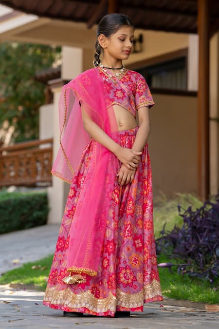 YUVRAANI JAIPUR Red Chanderi, Cotton, Net Tassels Cherry Printed Lehenga Set 