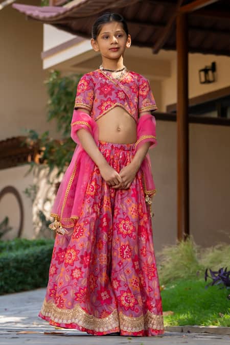 Yuvraani Jaipur_Red Chanderi, Cotton, Net Tassels Cherry Printed Lehenga Set _Online_at_Aza_Fashions