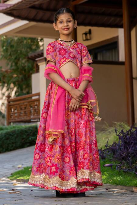 Buy_Yuvraani Jaipur_Red Chanderi, Cotton, Net Tassels Cherry Printed Lehenga Set _Online_at_Aza_Fashions