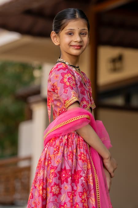 Shop_Yuvraani Jaipur_Red Chanderi, Cotton, Net Tassels Cherry Printed Lehenga Set _Online_at_Aza_Fashions