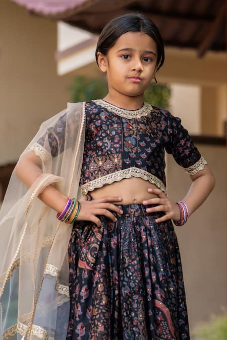 Buy_Yuvraani Jaipur_Black Muslin, Net, Cotton Sequins, Grey And Floral Printed Lehenga Set _Online_at_Aza_Fashions