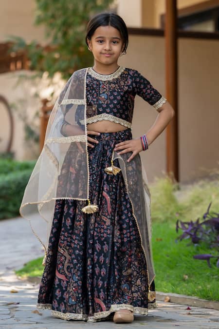 Shop_Yuvraani Jaipur_Black Muslin, Net, Cotton Sequins, Grey And Floral Printed Lehenga Set _Online_at_Aza_Fashions