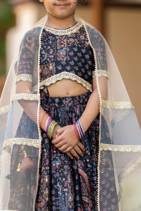 Yuvraani Jaipur_Black Muslin, Net, Cotton Sequins, Grey And Floral Printed Lehenga Set _at_Aza_Fashions