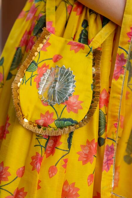 Shop_Yuvraani Jaipur_Yellow Chanderi, Cotton, Net Embroidery Printed Lehenga Set For Girls 