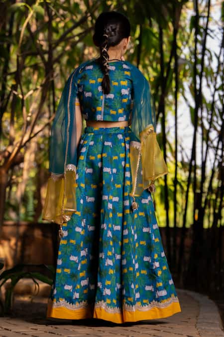Yuvraani Jaipur Teal Blue Printed Lehenga Set 