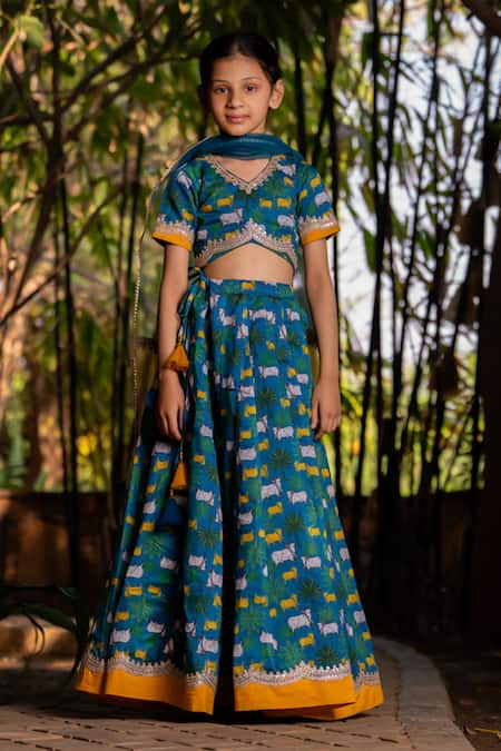 Yuvraani Jaipur_Blue Chanderi, Cotton, Net Lace Teal Printed Lehenga Set _Online_at_Aza_Fashions