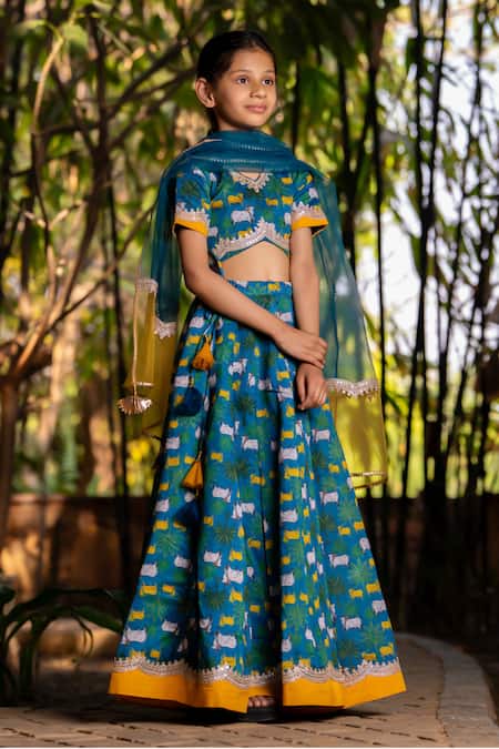 Buy_Yuvraani Jaipur_Blue Chanderi, Cotton, Net Lace Teal Printed Lehenga Set _Online_at_Aza_Fashions