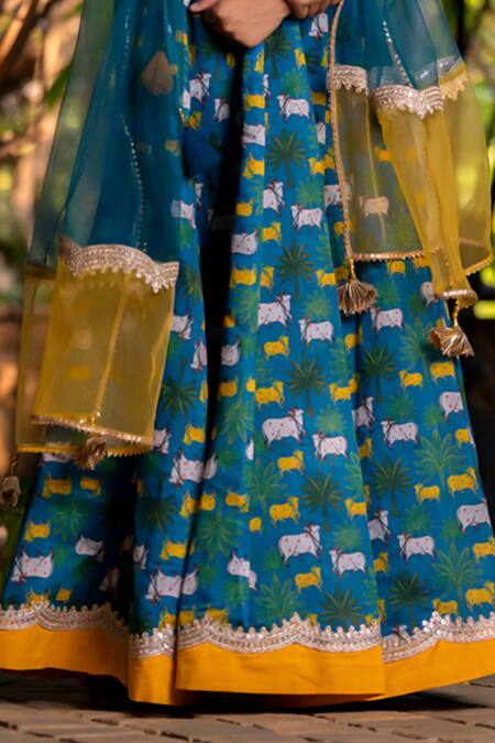 Shop_Yuvraani Jaipur_Blue Chanderi, Cotton, Net Lace Teal Printed Lehenga Set _Online_at_Aza_Fashions