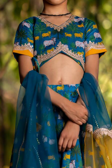 Yuvraani Jaipur_Blue Chanderi, Cotton, Net Lace Teal Printed Lehenga Set _at_Aza_Fashions