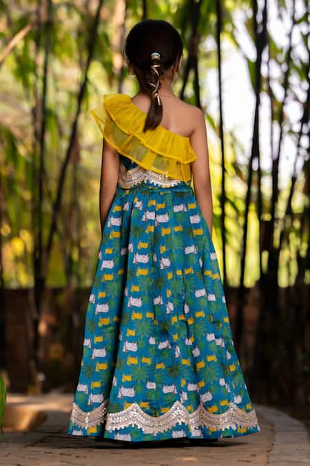 Shop_Yuvraani Jaipur_Blue Chanderi, Cotton Embroidery, Sequins Teal One Shoulder Lehenga Set _at_Aza_Fashions