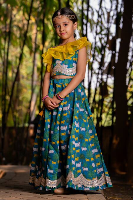Yuvraani Jaipur_Blue Chanderi, Cotton Embroidery, Sequins Teal One Shoulder Lehenga Set _Online_at_Aza_Fashions