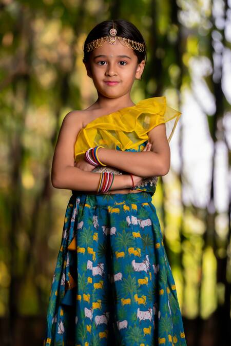 Buy_Yuvraani Jaipur_Blue Chanderi, Cotton Embroidery, Sequins Teal One Shoulder Lehenga Set _Online_at_Aza_Fashions