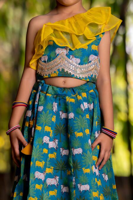 Shop_Yuvraani Jaipur_Blue Chanderi, Cotton Embroidery, Sequins Teal One Shoulder Lehenga Set _Online_at_Aza_Fashions
