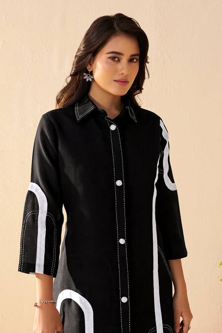 Savaaya_Black Linen Collared And White Meadow Midi Dress _Online_at_Aza_Fashions