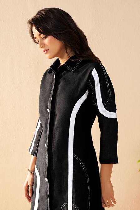 Buy_Savaaya_Black Linen Collared And White Meadow Midi Dress _Online_at_Aza_Fashions