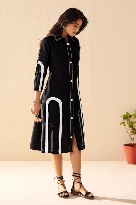 Shop_Savaaya_Black Linen Collared And White Meadow Midi Dress _Online_at_Aza_Fashions