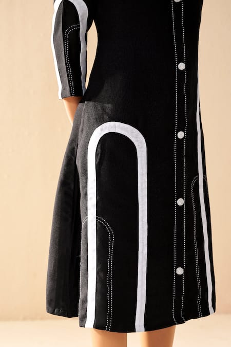 Savaaya_Black Linen Collared And White Meadow Midi Dress _at_Aza_Fashions