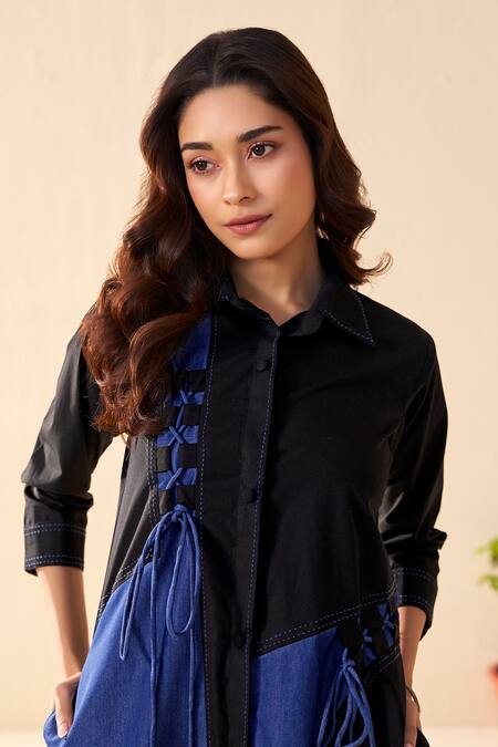 Savaaya_Blue Poplin, Denim Button-down Neck Breeze And White Midi Dress _Online_at_Aza_Fashions