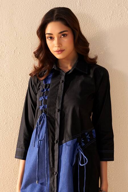 Buy_Savaaya_Blue Poplin, Denim Button-down Neck Breeze And White Midi Dress _Online_at_Aza_Fashions