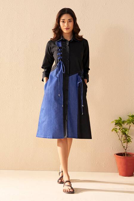 Shop_Savaaya_Blue Poplin, Denim Button-down Neck Breeze And White Midi Dress _Online_at_Aza_Fashions