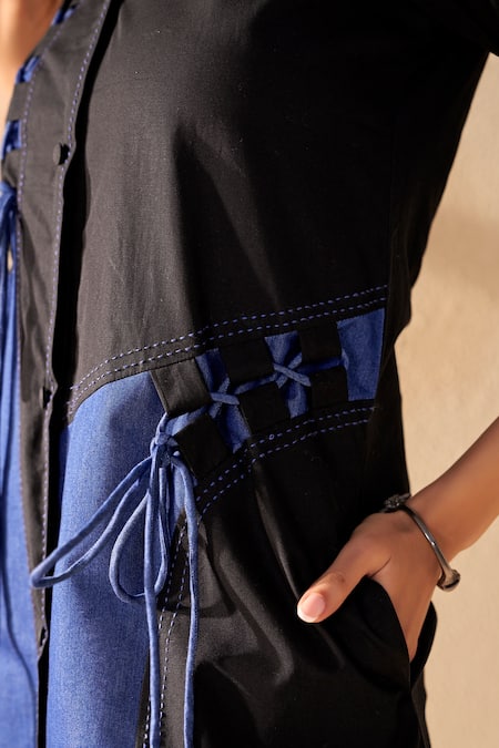 Savaaya_Blue Poplin, Denim Button-down Neck Breeze And White Midi Dress _at_Aza_Fashions