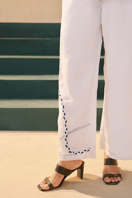 Savaaya_White Linen Embroidery Mandarin Collar Designer Pant Set _Online_at_Aza_Fashions