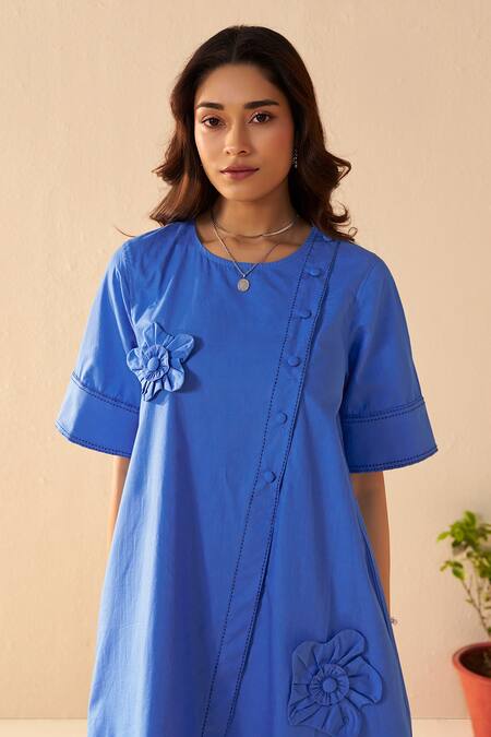 Savaaya_Blue Poplin Fabric Flowers Round Neck Velvet Dress _Online_at_Aza_Fashions