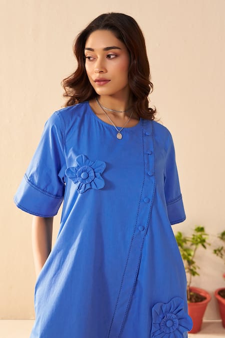 Buy_Savaaya_Blue Poplin Fabric Flowers Round Neck Velvet Dress _Online_at_Aza_Fashions