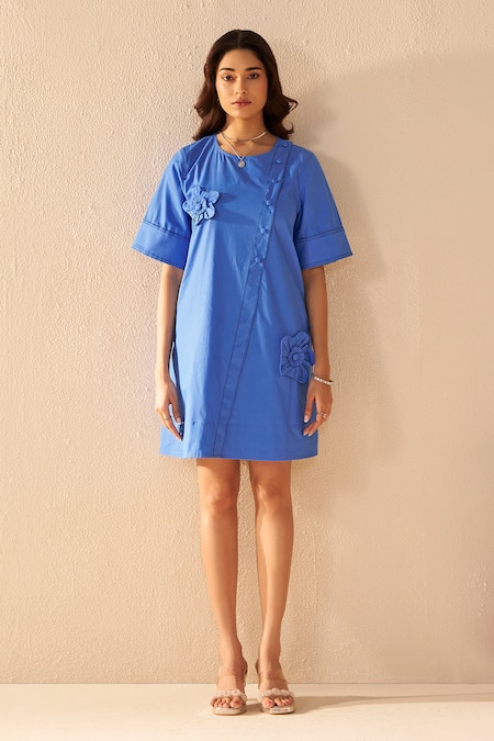 Savaaya_Blue Poplin Fabric Flowers Round Neck Velvet Dress _at_Aza_Fashions