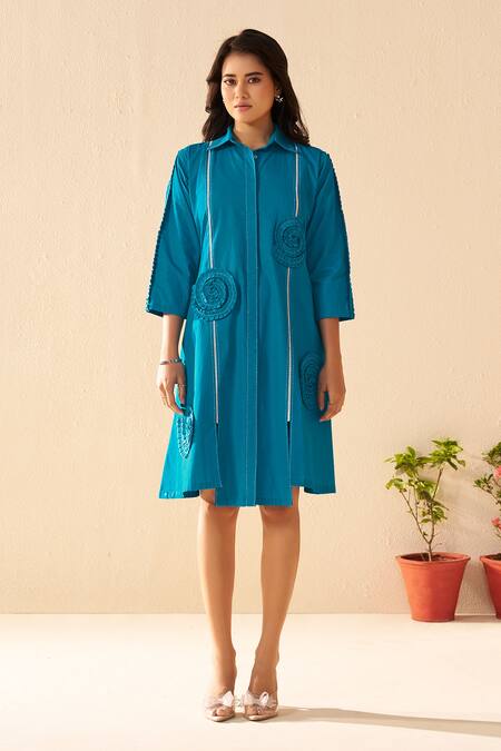 Savaaya_Teal Poplin Embroidery Collared Blue Designer Fern Dress _Online_at_Aza_Fashions