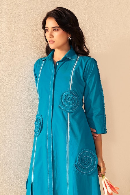 Buy_Savaaya_Teal Poplin Embroidery Collared Blue Designer Fern Dress _Online_at_Aza_Fashions