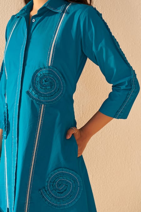 Shop_Savaaya_Teal Poplin Embroidery Collared Blue Designer Fern Dress _Online_at_Aza_Fashions
