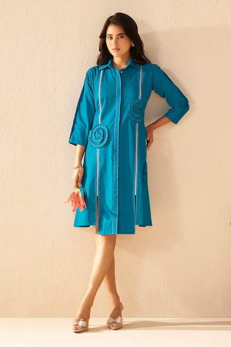 Savaaya Teal Poplin Embroidery Collared Blue Designer Fern Dress 