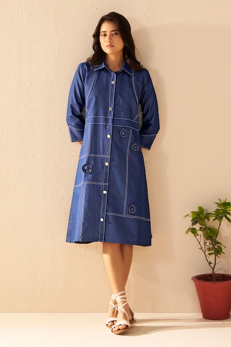 Savaaya_Blue Denim Embroidery Collared Elysian Midi Dress _Online_at_Aza_Fashions