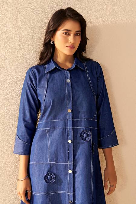 Buy_Savaaya_Blue Denim Embroidery Collared Elysian Midi Dress _Online_at_Aza_Fashions
