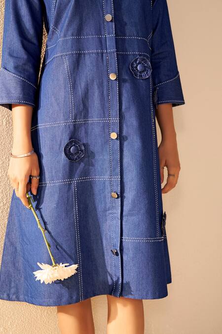 Savaaya_Blue Denim Embroidery Collared Elysian Midi Dress _at_Aza_Fashions