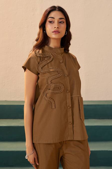 Savaaya_Brown Poplin Embroidery Mandarin Collar Flora Pant Set _Online_at_Aza_Fashions