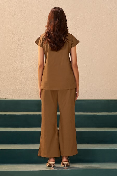 Savaaya Flora Brown Poplin Pant Set 