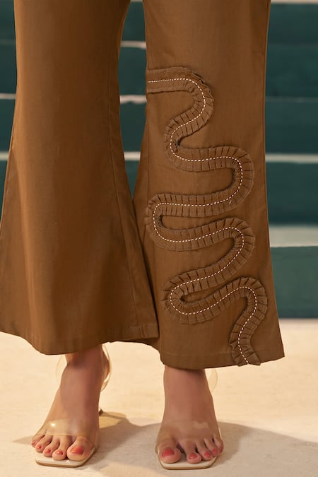 Shop_Savaaya_Brown Poplin Embroidery Mandarin Collar Flora Pant Set _Online_at_Aza_Fashions