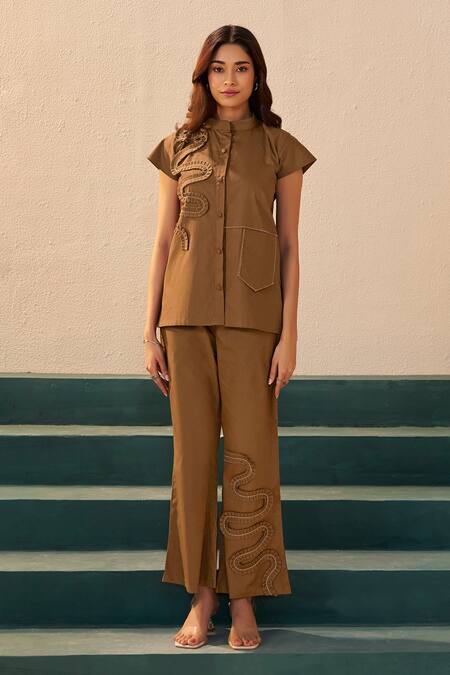Savaaya_Brown Poplin Embroidery Mandarin Collar Flora Pant Set _at_Aza_Fashions