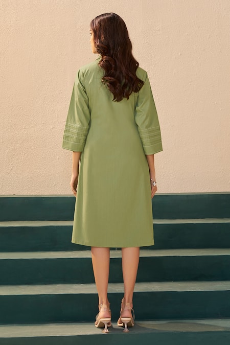 Savaaya Green Poplin Designer Midi Dress 