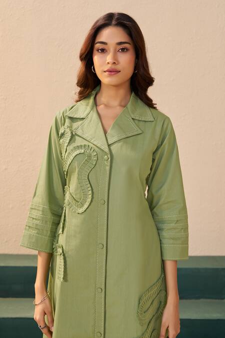 Savaaya_Green Poplin Collared Designer Midi Dress _Online_at_Aza_Fashions