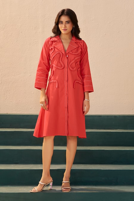 Savaaya Orange Poplin Collared Poppy Midi Dress 