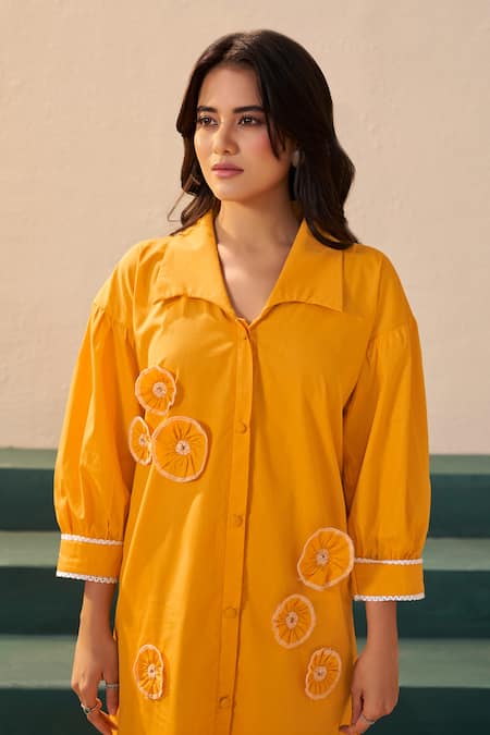 Savaaya Yellow Poplin Fabric Flowers Collared Designer Midi Dress Online at Aza Fashions Savaaya_Yellow Poplin Fabric Flowers Collared Designer Midi Dress _Online_at_Aza_Fashions