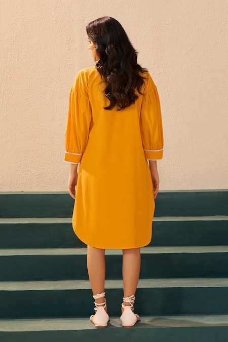 Savaaya Yellow Poplin Designer Midi Dress 