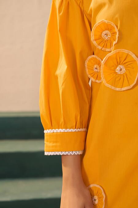 Buy Savaaya Yellow Poplin Fabric Flowers Collared Designer Midi Dress Online at Aza Fashions Buy_Savaaya_Yellow Poplin Fabric Flowers Collared Designer Midi Dress _Online_at_Aza_Fashions