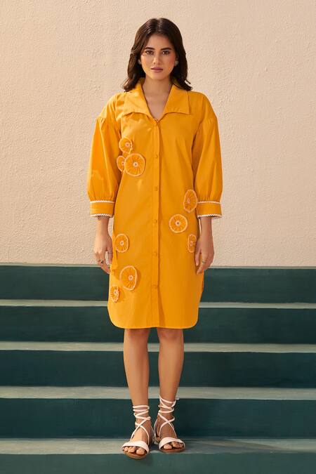 Shop Savaaya Yellow Poplin Fabric Flowers Collared Designer Midi Dress Online at Aza Fashions Shop_Savaaya_Yellow Poplin Fabric Flowers Collared Designer Midi Dress _Online_at_Aza_Fashions