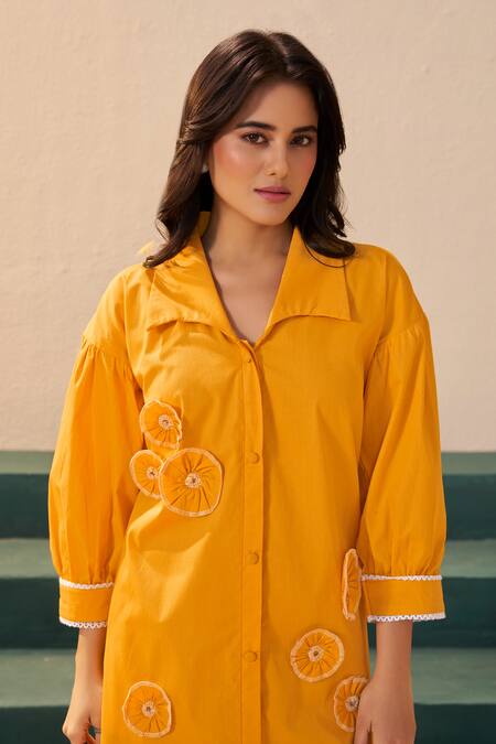 Savaaya Yellow Poplin Fabric Flowers Collared Designer Midi Dress at Aza Fashions Savaaya_Yellow Poplin Fabric Flowers Collared Designer Midi Dress _at_Aza_Fashions