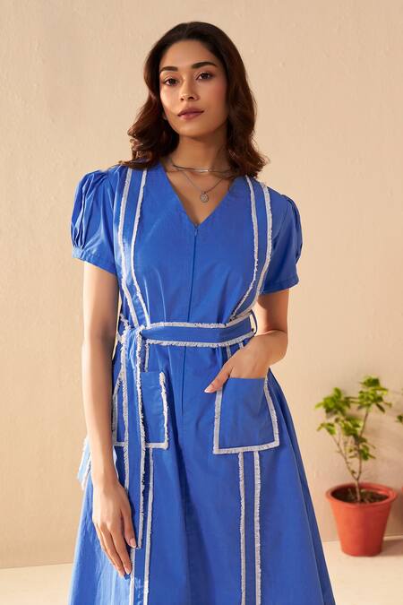 Shop_Savaaya_Blue Poplin V-neck Azure Midi Dress With Belt _Online_at_Aza_Fashions